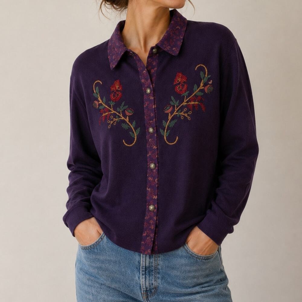 Vintage 90s Jantzen Classics Hand Embroidered Floral Cardigan Collared Purple-Lg
